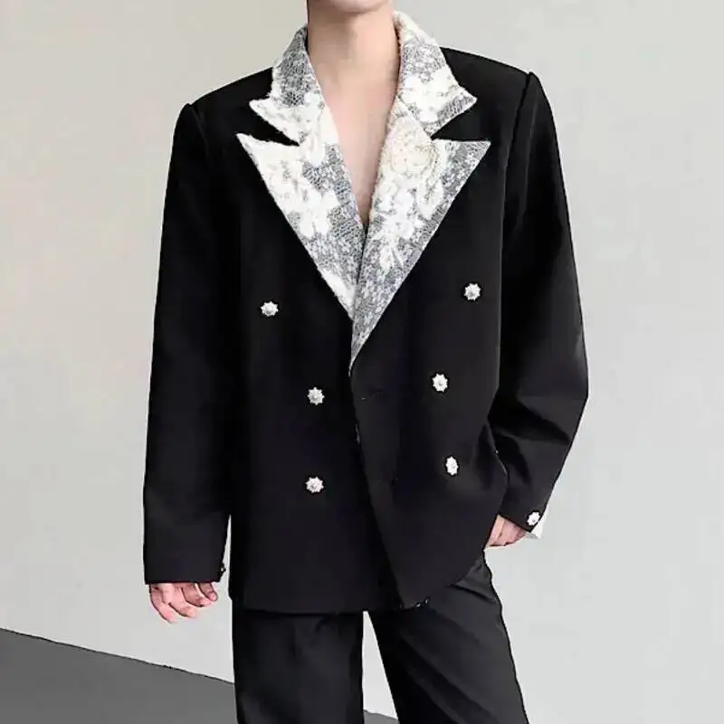 Niche Design Men's Jackets Lace Patchwork Contrast Color Double Breasted Casual Menswear Loose Male Suit Coats  9T9J9