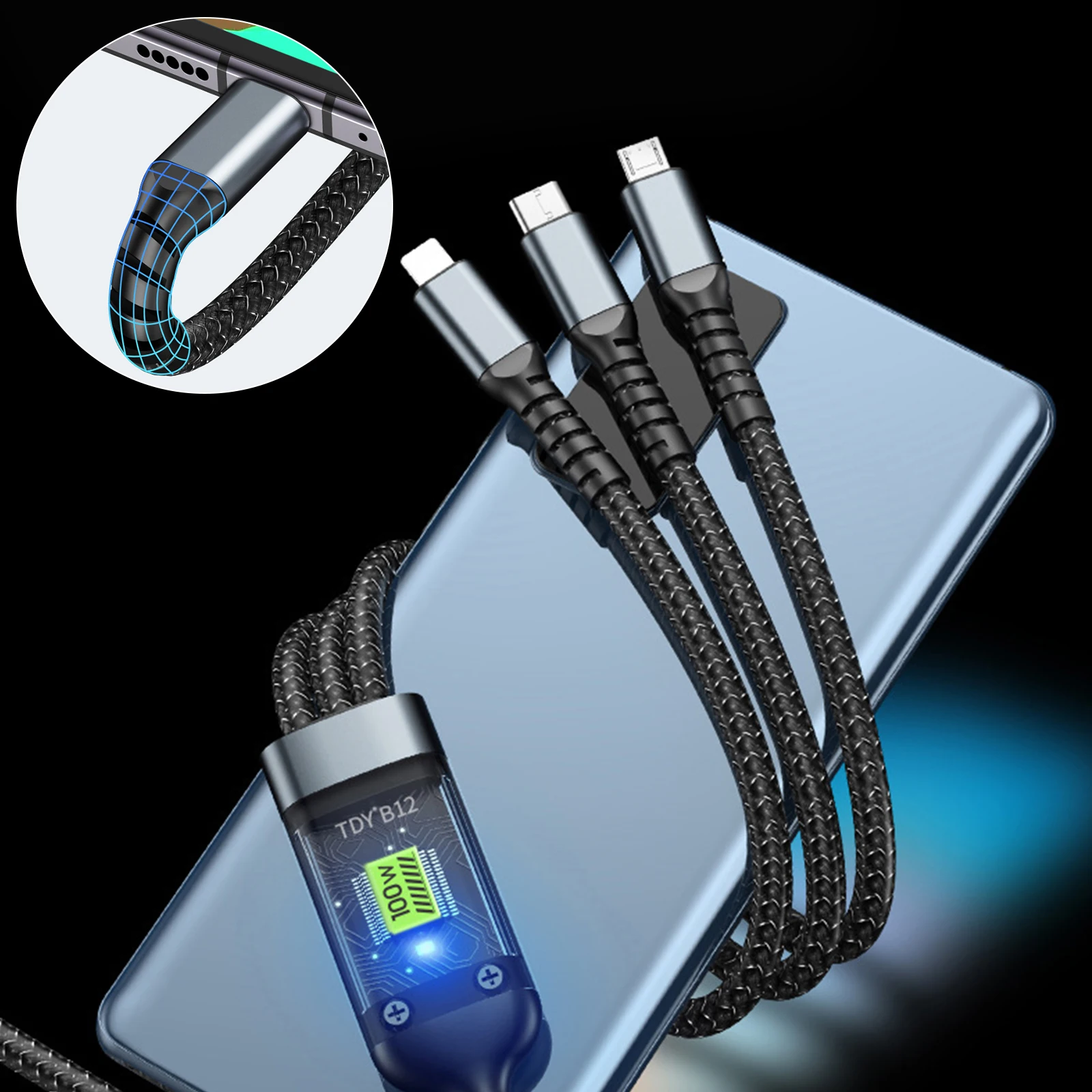 100W 3 In 1 Transparent Pilot Lamp Super Fast Charging Cable Universal with Type C Usb Micro for Iphone Xiaomi Samsung Huawei