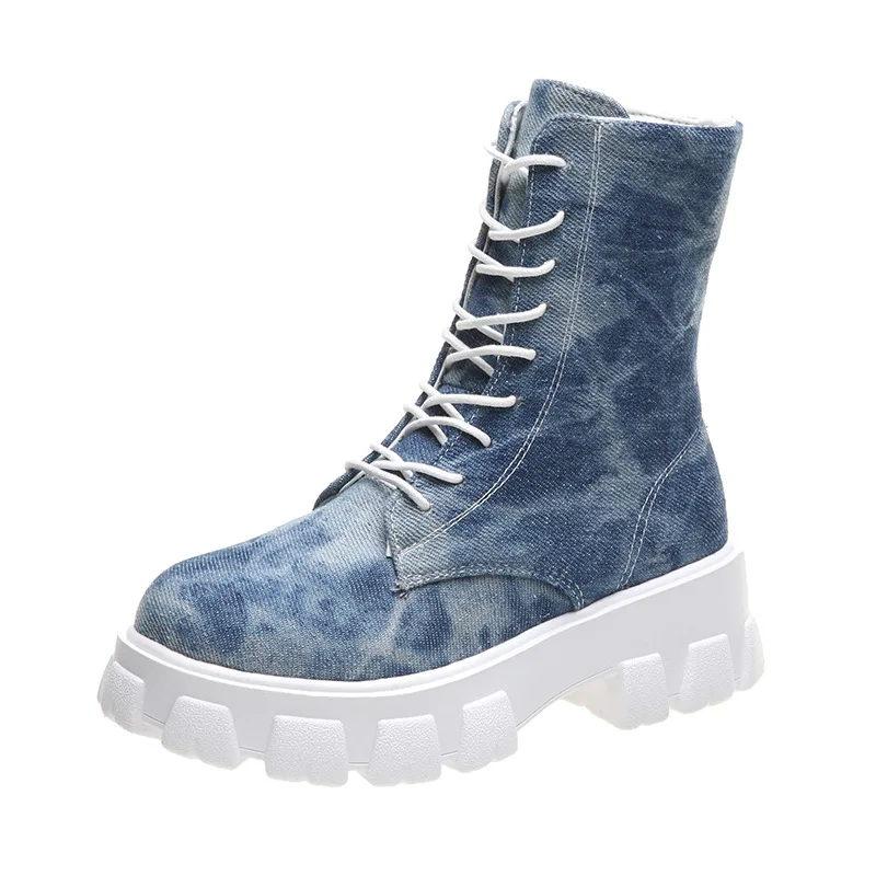 Nuovi stivali da donna in denim da donna con tacco grosso e plateau, scarpe con punta tonda, stivaletti da donna in denim, jeans, stivali stringati