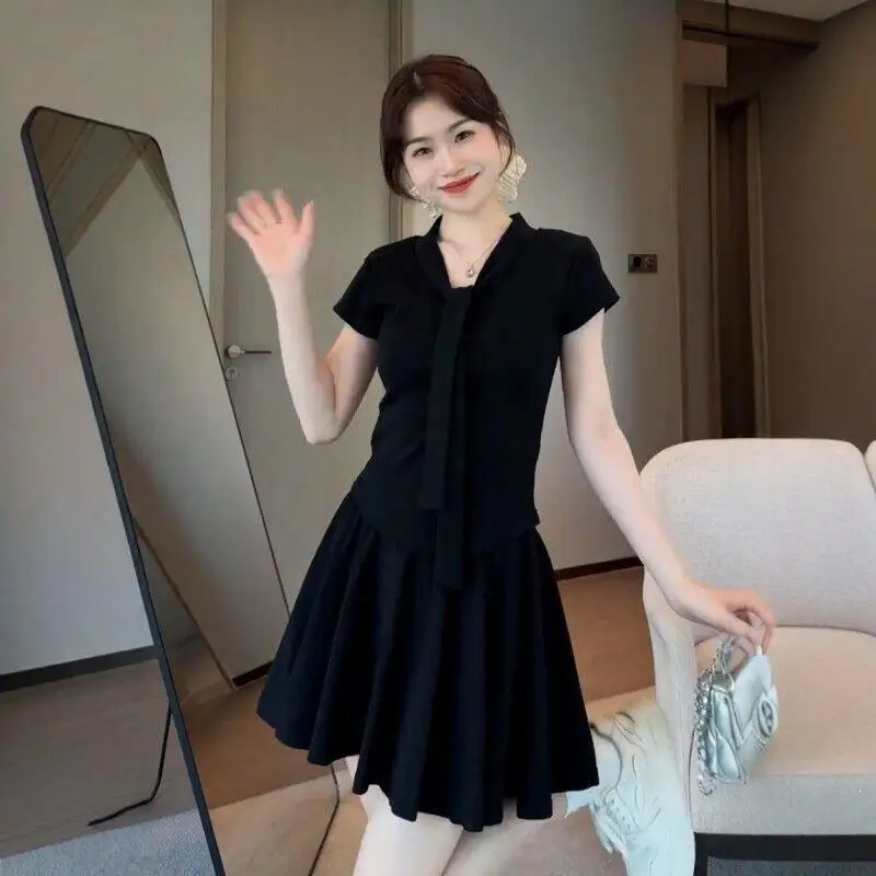 Hot 2026 Springsummer New Women Koreansimple Large Set Design Sense Short Sleeve High Waist Temperament Short Skirt Two Pieceset
