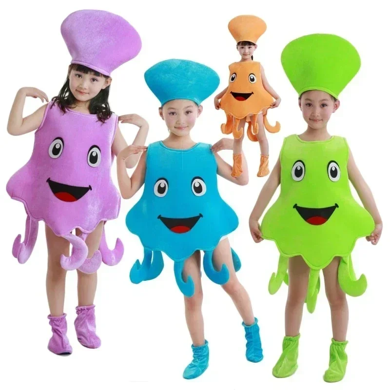 Child Octopus Inkfish Cosplay Costume Blue Purple Sea Animal Octopus Jumpsuit Clothing for Boy and Girl Halloween Party Clothes