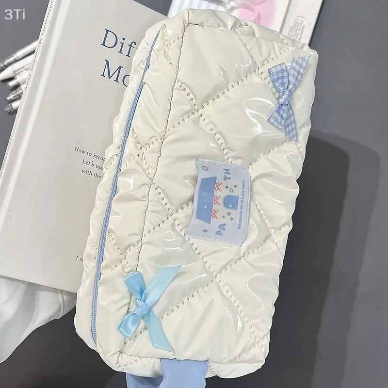 Blue White Bow Pencil Bag Large Capacity Stationery Bag Travel Storage Bag Women'S Cosmetic Bags Cute Design Girls Pencil Case