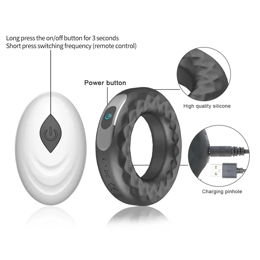 Anillo de bloqueo de neumáticos de silicona con vibración retardada para hombres, Circular de carga USB masturbador, estimulación de pareja, juguete