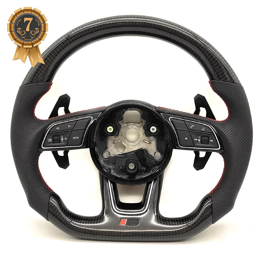 For Audi A4 B9 Carbon Fiber Steering Wheel Red/Black Stitching S /RS /Sline LOGO Multifunctional Buttons and Paddles Assembly