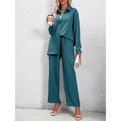 Autumn and Winter Women's Cardigan Polo Neck Bubble Sleeve Solid Button Striped Elastic Slim Fashion Casual T-shirt Pant Sets