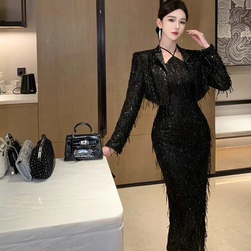

Socialite Style High-end Two-piece Sets for Women Chic Tassel Bead Short Jacket+ Slim Banquet Dress Sets Sexy Party Outfits