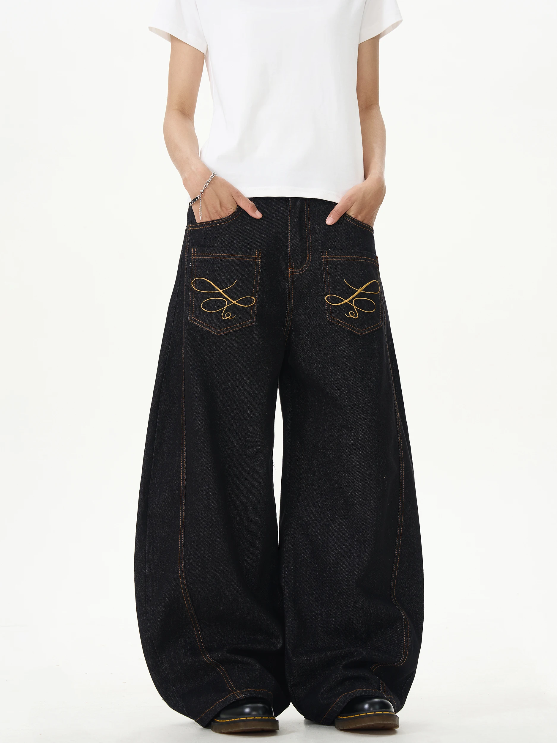 アメリカンレトロアイランドナイフデニムジーンズメンズレディースルーズフィットカジュアルストレートレッグジーンズブラ刺繍ワエドアウトスレ