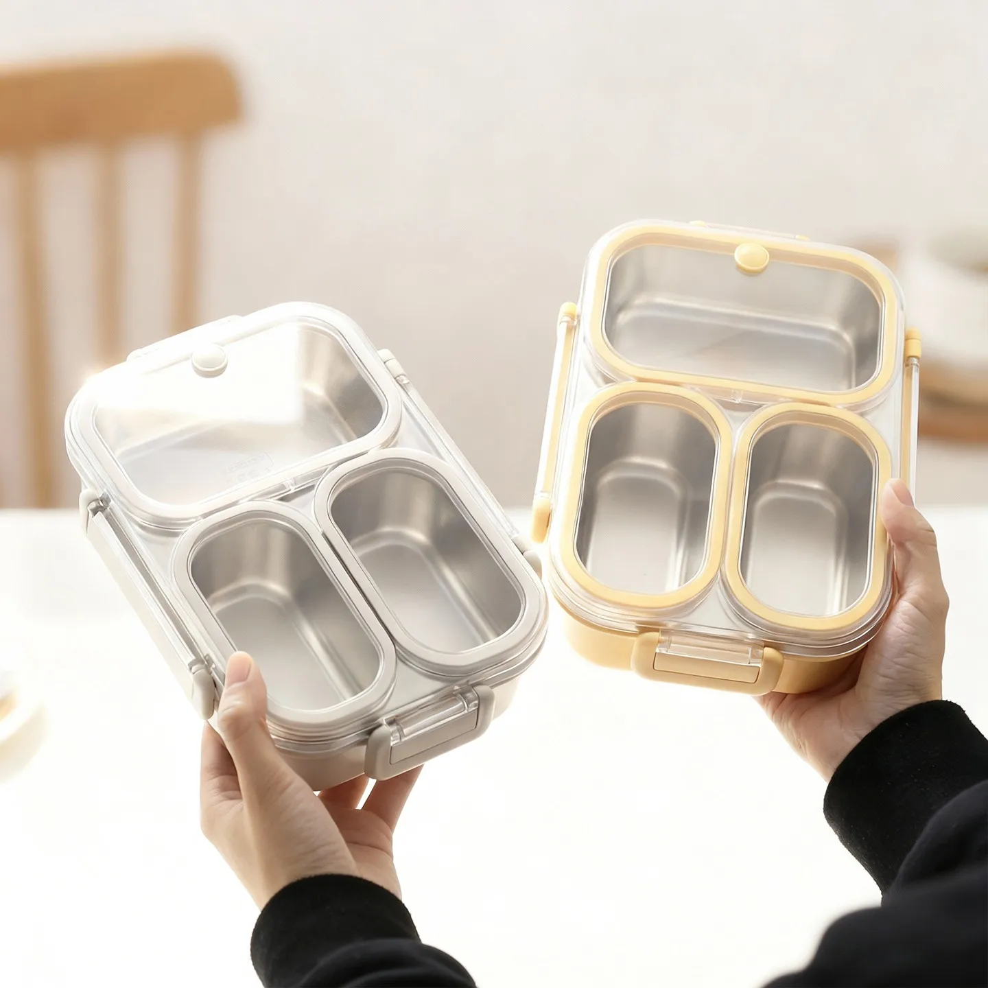 Portable Lunch Container With Handle 3 Compartments Leak-proof 304 Stainless Steel Lunch Box for Kids Students Microwave Safe