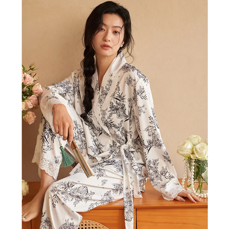 

New Women's Pajamas Spring and Summer Green Fruit Collar Strap Long Sleeve Pants Home Clothing Set