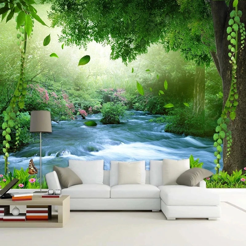 Customized Wallpaper 3D Waterfall green Forest Landscape Living Room TV Background decoration Mural river water tree butterfly