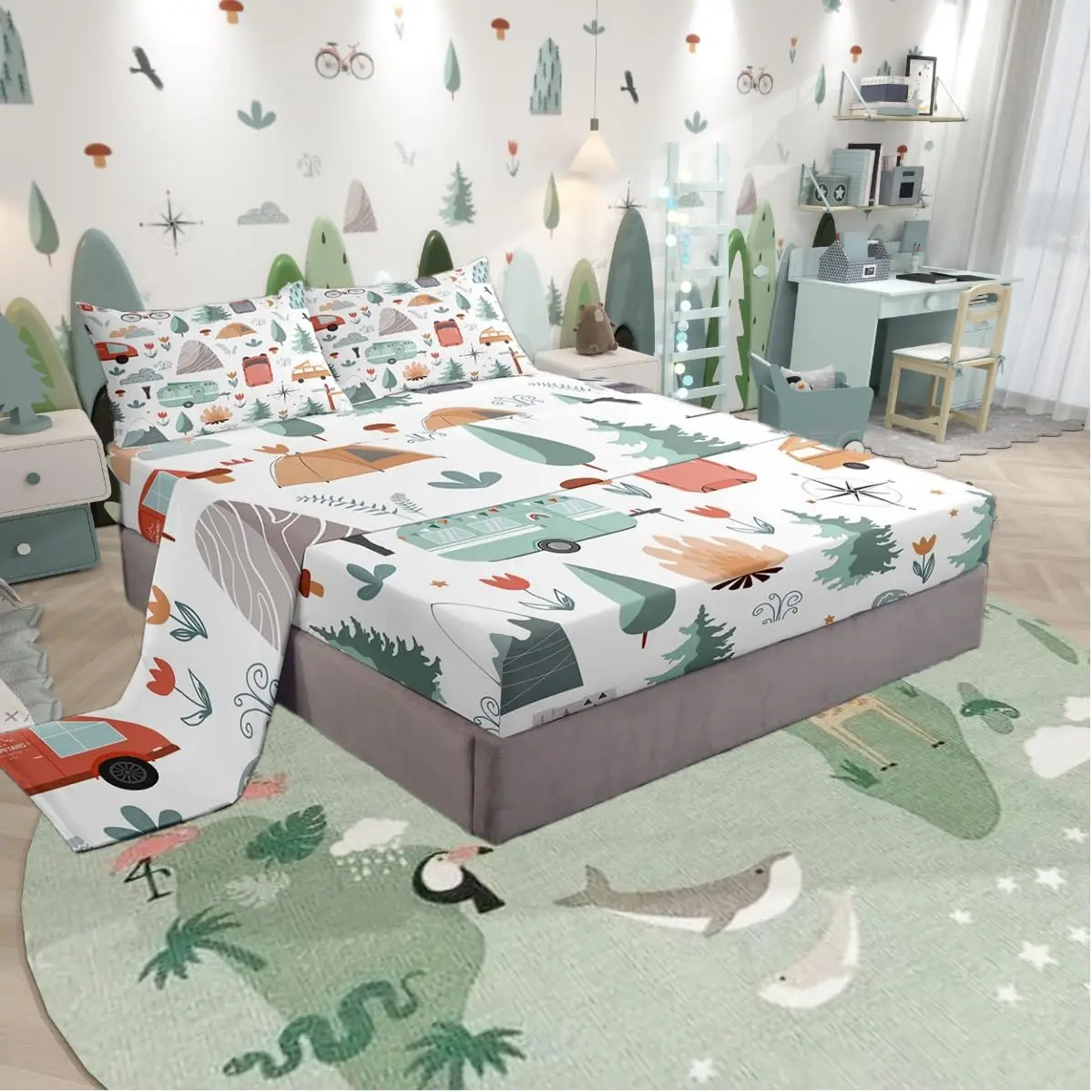 

Kids Camper Car Bed Sheets Set King 4Pcs, Happy Camping Sheet Set, Travel Car Rv Accessories Sheets, Woodland Flowers Blossom