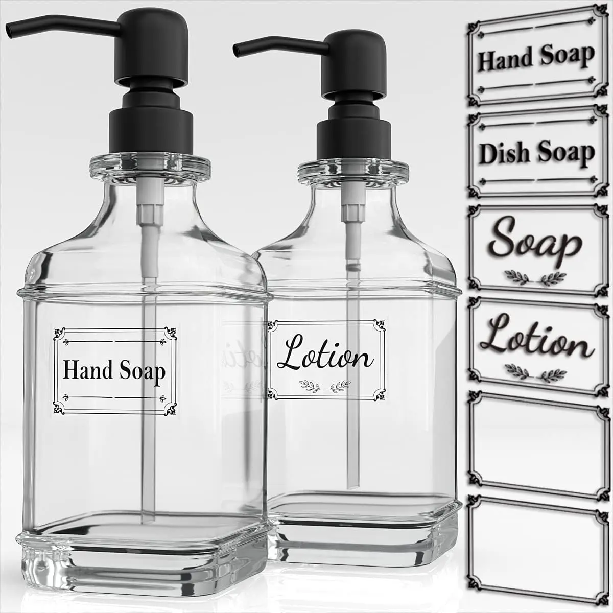 

2-Pack Antique Glass Soap Dispenser, 18 Oz with Stainless Steel Pump and Stickers for Kitchen or Bathroom - Black