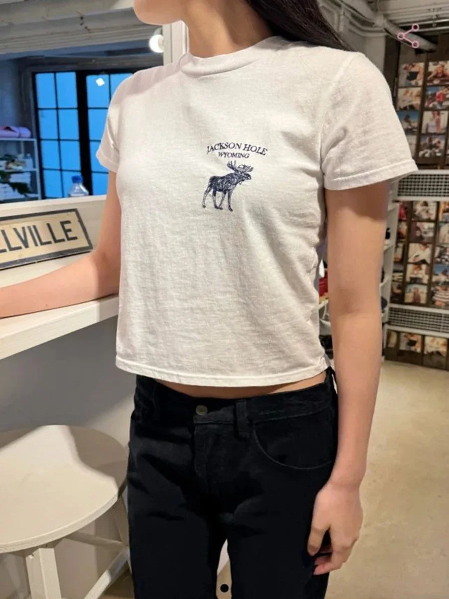 Deer Embroidery Slim T-shirt Woman Summer Short Sleeve Round Neck Cotton Crop Top Femme Vintage Sweet Cute Cropped Tees Y2k Tops