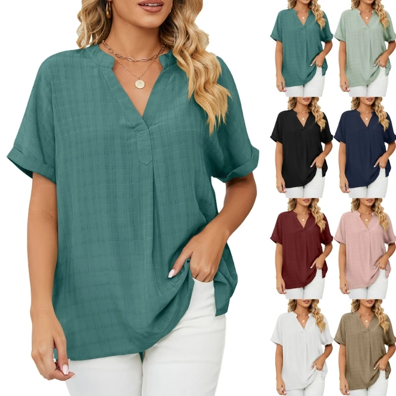 

Women Summer Roll-Up Short Sleeve Tunic Shirts Casual Loose Split V-Neck Solid Color Pleated Back Chiffon Blouses Top