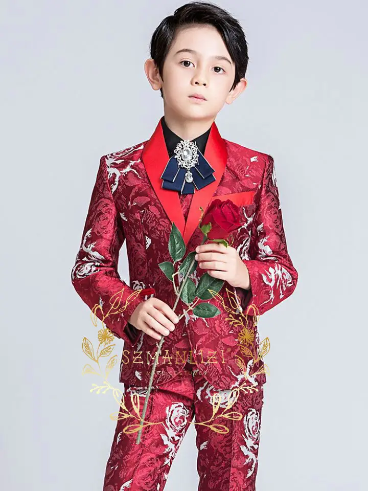 Luxury Royal Blue Floral Jacquard Boy Suits for Wedding 3 Piece Slim Fit Party Tuxedo Kid Fashion Costume Jacket Vest Pants Set