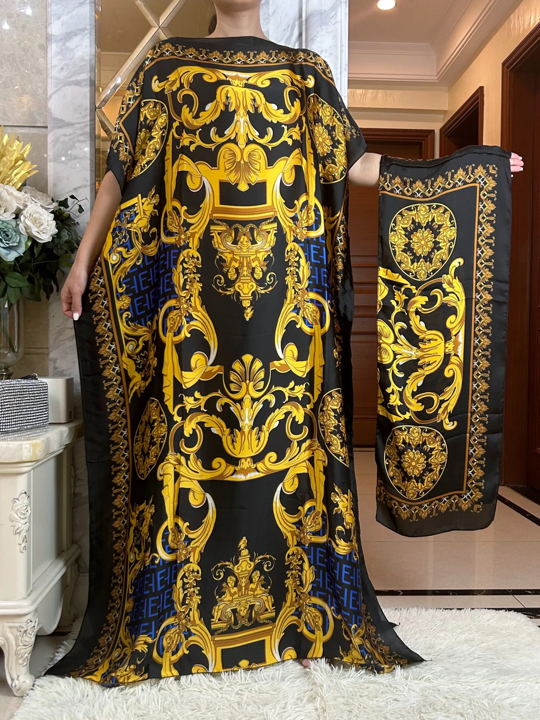 New African Design Fashion Silk Dress For Women Summer Abaya With Scarf Maxi Bazin Vintage Long Sleeve Robe Gowns Sexy Lady Pary