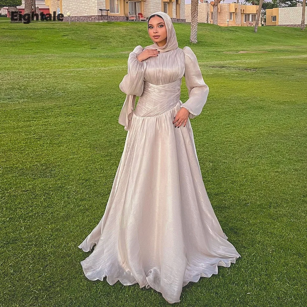 Eightale Arabisches Abendkleid, O-Ausschnitt, Falten, Krepp, maßgeschneidert, bodenlang, muslimisches Champagner-A-Linien-Abschlussball- und Hochzeitskleid
