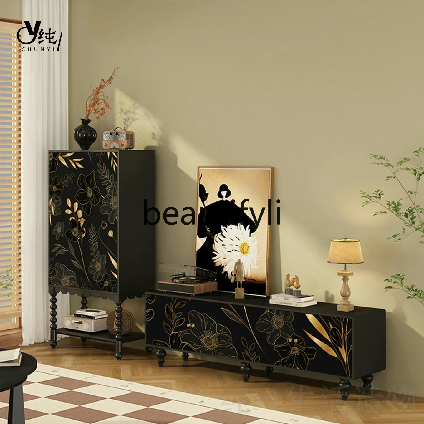 

A32 New Chinese Style Solid Wood High Leg TV Cabinet Set Living Room Decorative Cabinet Storage Side Cabinet