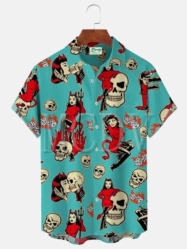 Royaura Vintage Skull Pins Up Girl Rockabilly Flame Dice Print Hawaiian Oversized Aloha Wrinkle-Free Shirt Summer Tops