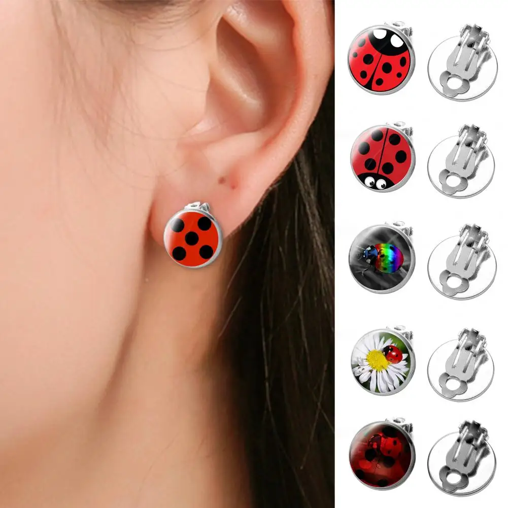 Women's Ear Clips Cute Anti-rust Ladies Glass Ladybug Earrings Hoop Dot Earrings Jewelry Gift Women Clip Earrings Ear Studs