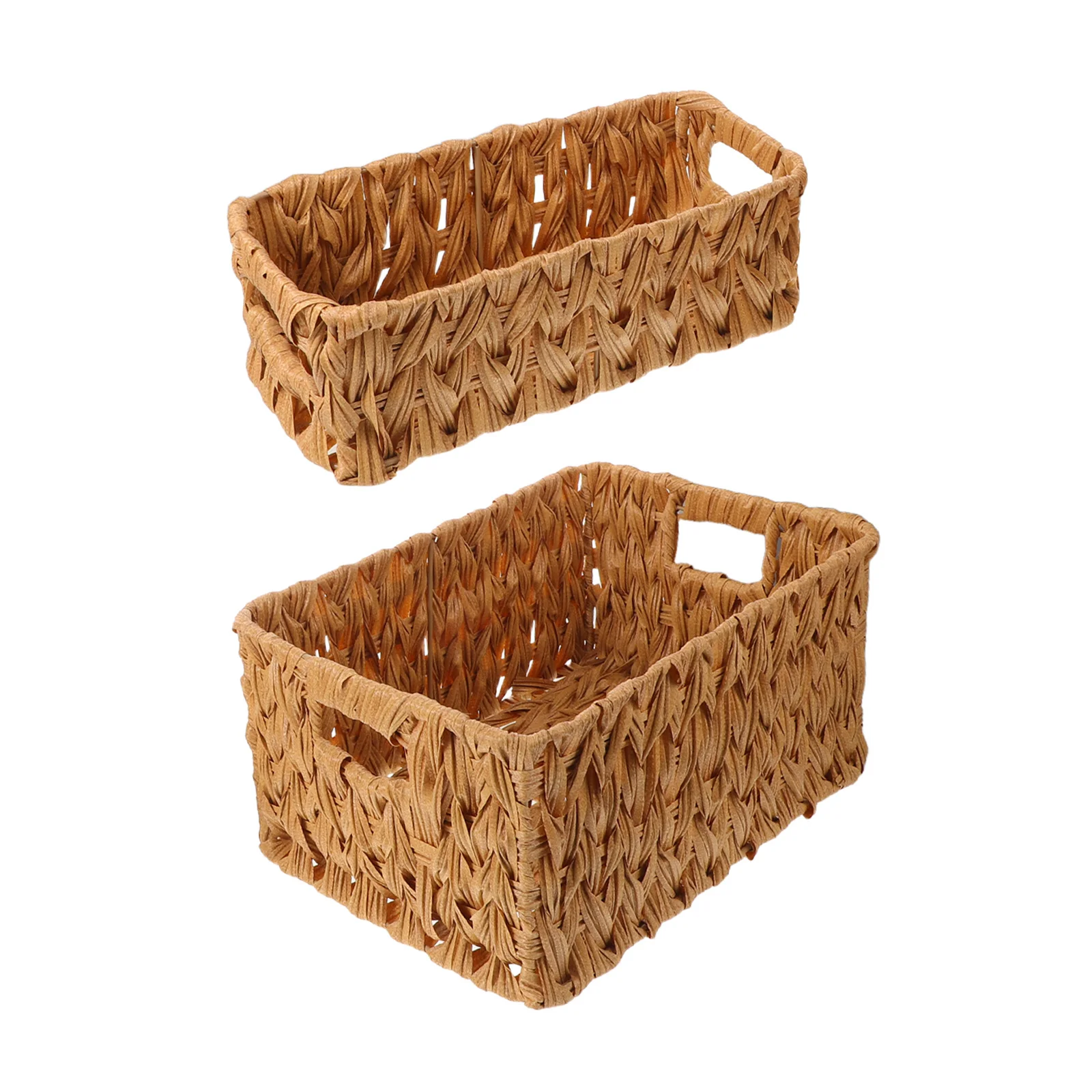 2Pcs Beige Imitation Rattan Baskets Handwoven Desktop Organizer Box Makeup Stationery Storage for Office Bathroom Decorative
