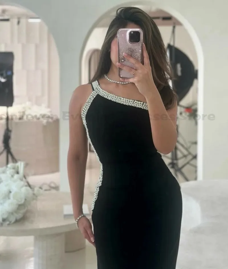 Modern Black Evening Party Dress One Shoulder Crystal Beads Mermaid Prom Formal Gowns Banquet Dresses Robe De Soiree