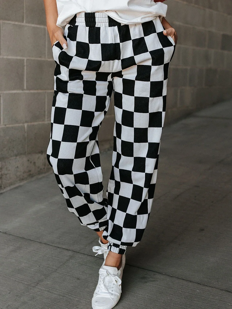 

Women Sweatpants Elastic Waist Plaid Pants Trousers with Pockets for Casual Daily