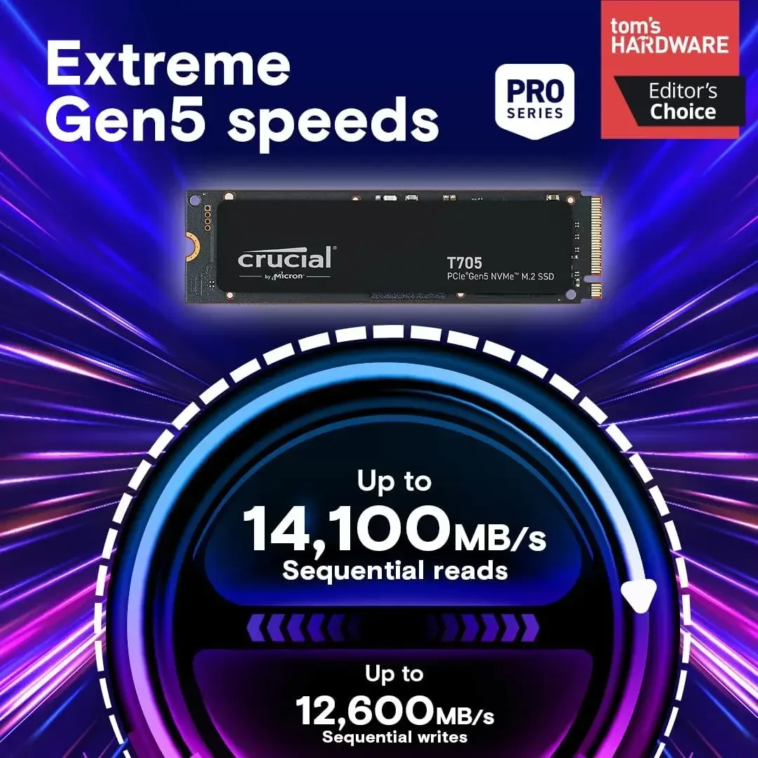 Crucial T705 PCIe Gen5 NVMe 4TB SSD, Up To 14,100MB/s, TLC NAND, Intel & Ryzen Compatible, for Hardcore Gaming & High-Speed Storage, Solid State Drive, Includes 1Mo Adobe CC – CT4000T705SSD3
