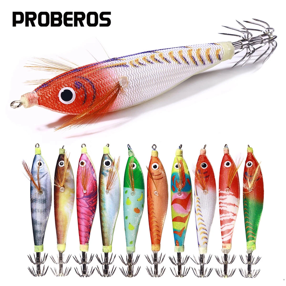 10g Squid Jig Hooks Luminous Wood Shrimp Hard Bait Double-Layered Hooks Squid Lure Artificial for Fishing Freshwater Saltwater