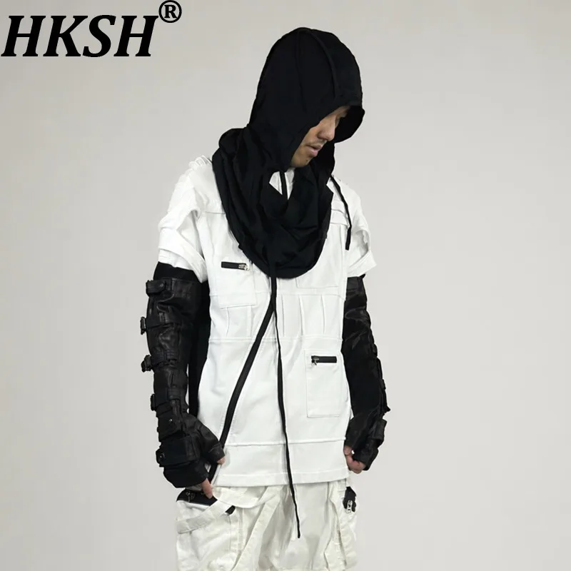 HKSH Spring Autumn Men's Tide Chic Dark Punk Vintage Tees Waste Land Asymmetrical Pocket Hooded T-shirt Diagonal Placket HK28476