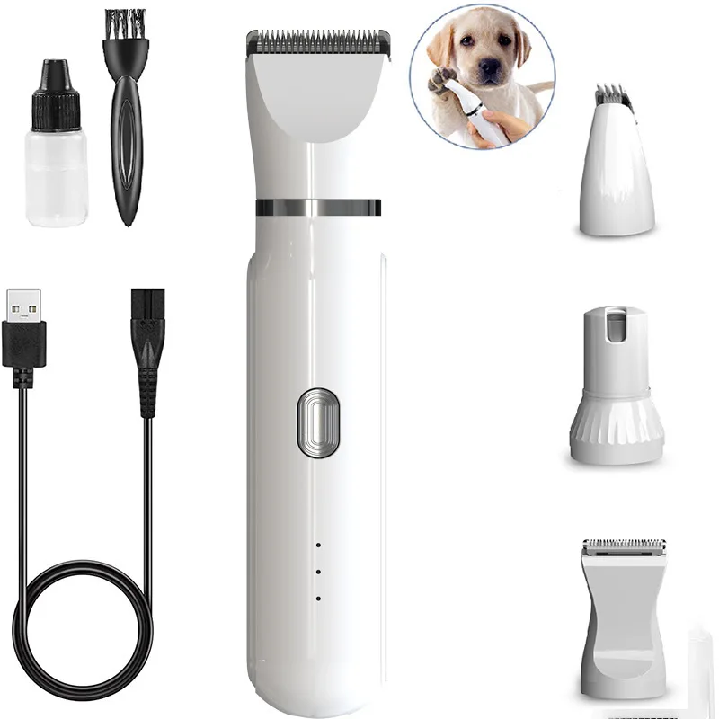 

Rechargeable Cordless Pet Clippers 4 Blades Low Noise Safe Dog Hair Trimmer Grooming Kit