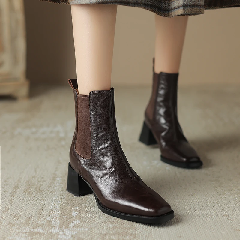 

Genuine Leather Square Headed Sheepskin Elastic ﻿Women Ankle boots High Heels,Chelsea Boots,Modern Booties,knight boots