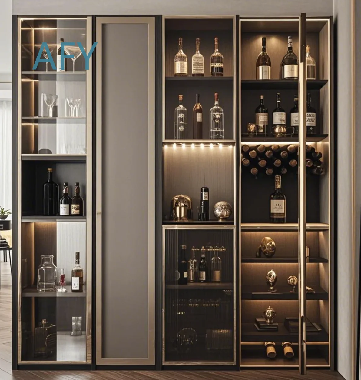 Gold Metal Wine Display Bar Cabinet for Home Furniture Wine Refrigerator for Hotel Restaurant Liquor Storage Temperature