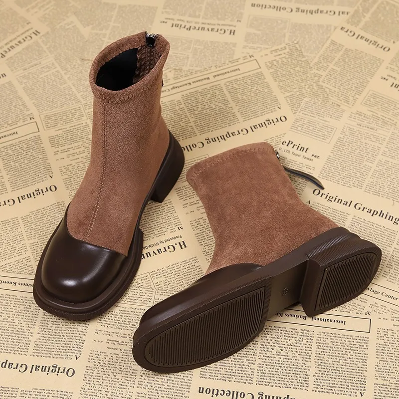 

Autumn Winter Women Ankle Boots Fashion Patchwork Leather Thick Bottom Shallow Short Boots Low Heels Flock Ladies Platform Shoes