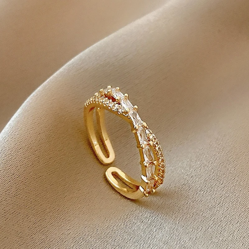 Golden Cross Ladder Square Zircon Open Ring Korean Light Luxury Double Layer Attendance Banquet Adjustable Accessories