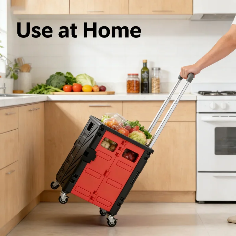 

Black Red Foldable Shopping Trolley with Cover 50L Medium Size 4-Wheel 360° Silent Swivel Brake System Portable for Grocery Del