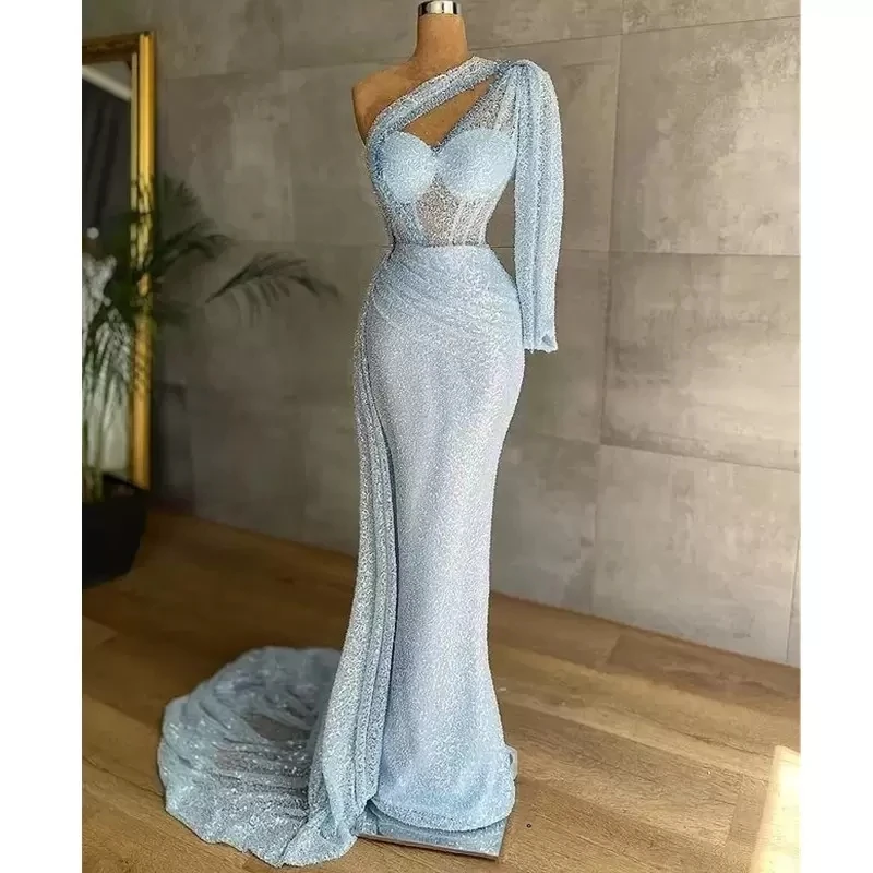 

Sparkle Evening Dresses Mermaid One-shoulder Long Sleeves Sequins Long Turkey Dubai Saudi Arabic Evening Gown Prom Dresses