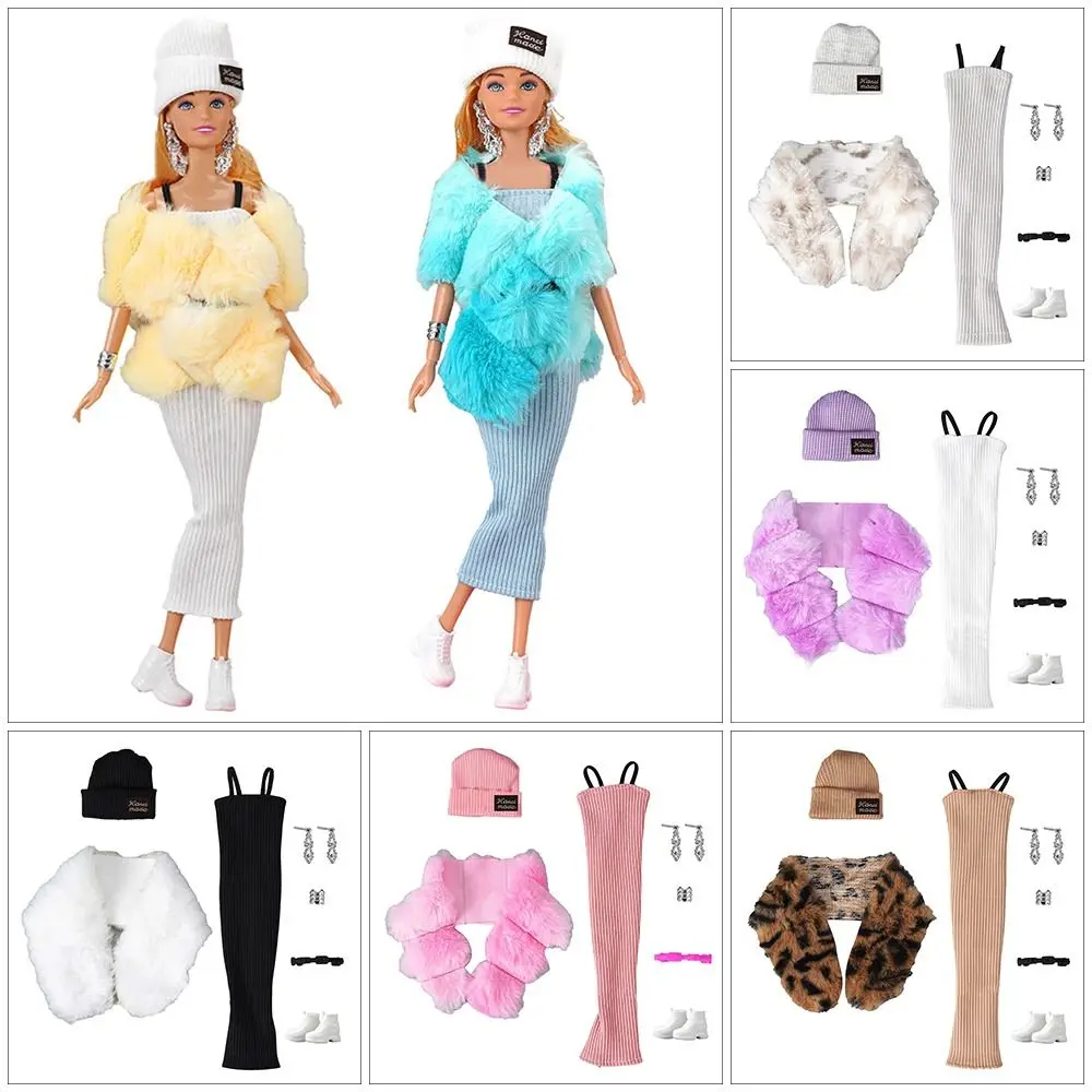 1 Set 1/6 Doll Fashion Casual Clothes Winter Wear Plush Coat Dresses Girl Doll Wearing Clothes Shoes For 29~32 cm Doll Clothes