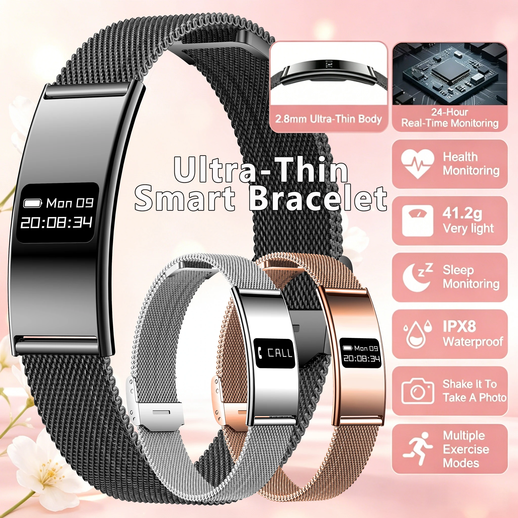 

Women's ultra-fine fiber smart wristband IPX8 waterproof fitness tracker heart rate sleep monitoring lightweight smart wristband