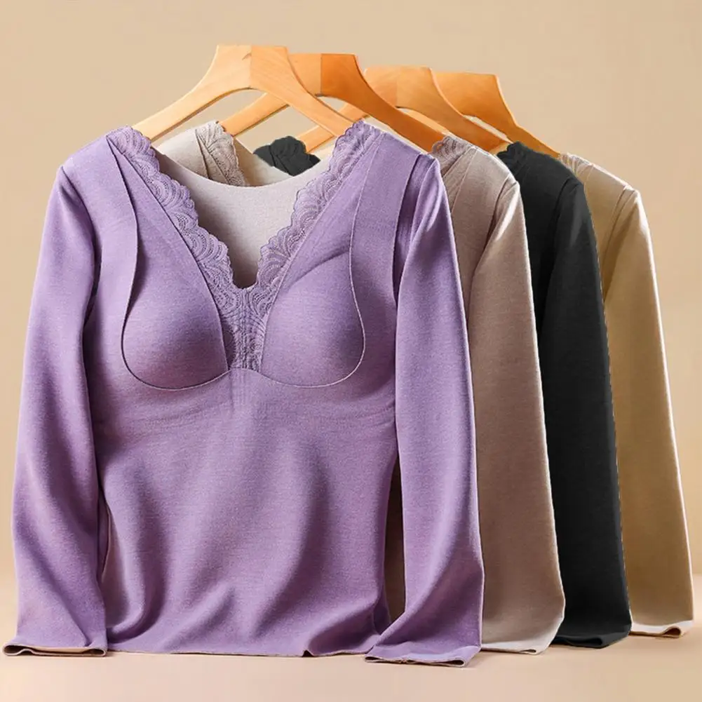 Machine Washable Thermal Tops Chest Pad Thermal Clothing De Velvet Thermal Bottoming Tops with Built-in Chest Pads for Women