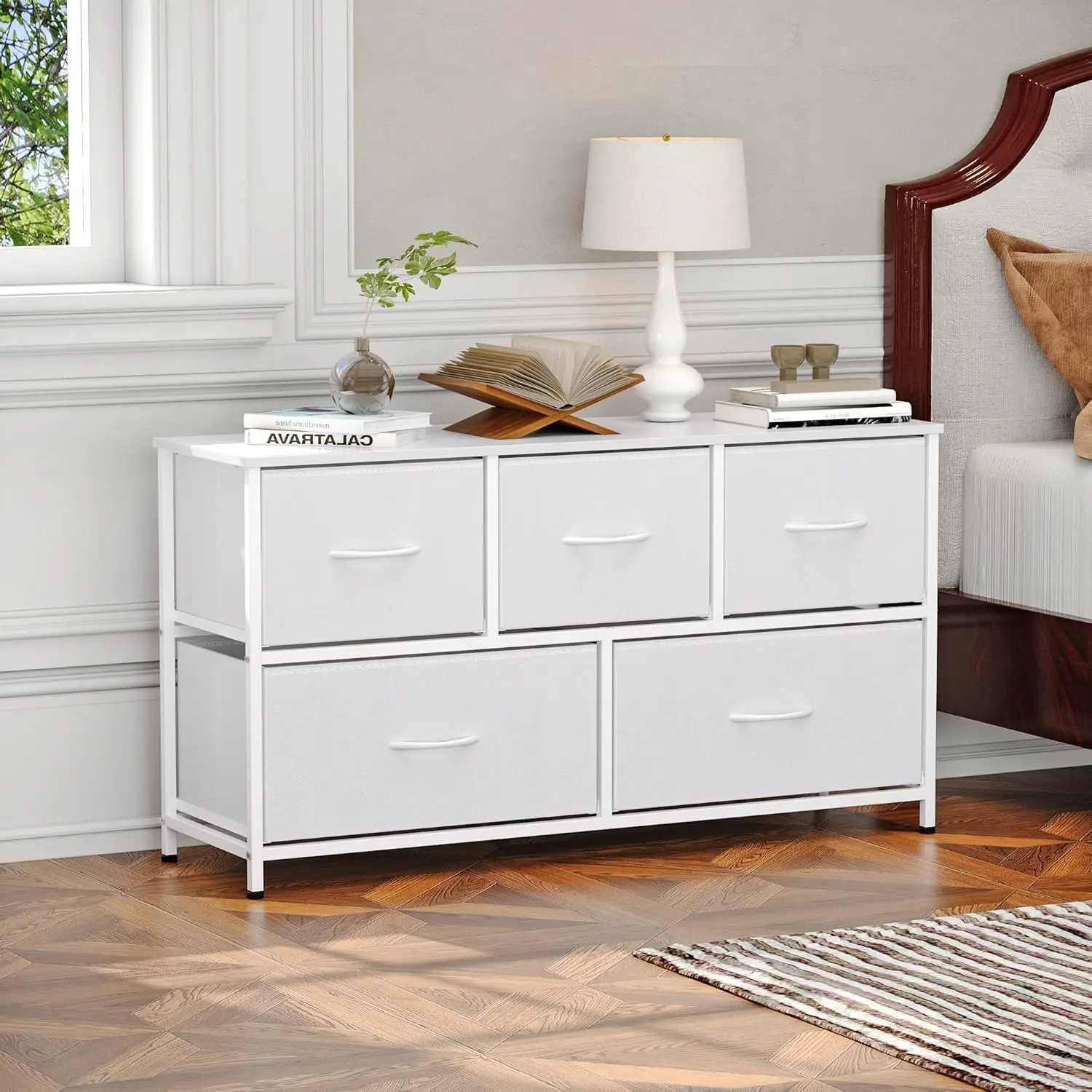 Commode large en tissu à 5 tiroirs pour chambre à coucher, armoire de rangement à profil bas, meuble TV, organisateur de vêtements