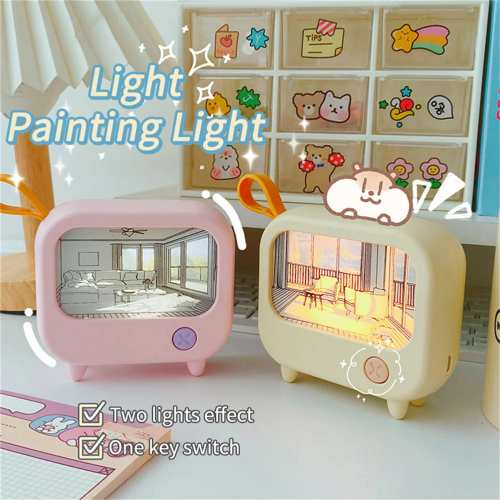 LED Night Light Cute TV Painting Design Learning Table Lamp USB Charging 2-Level Lighting Mini Desktop Light Birthday Girl Gift