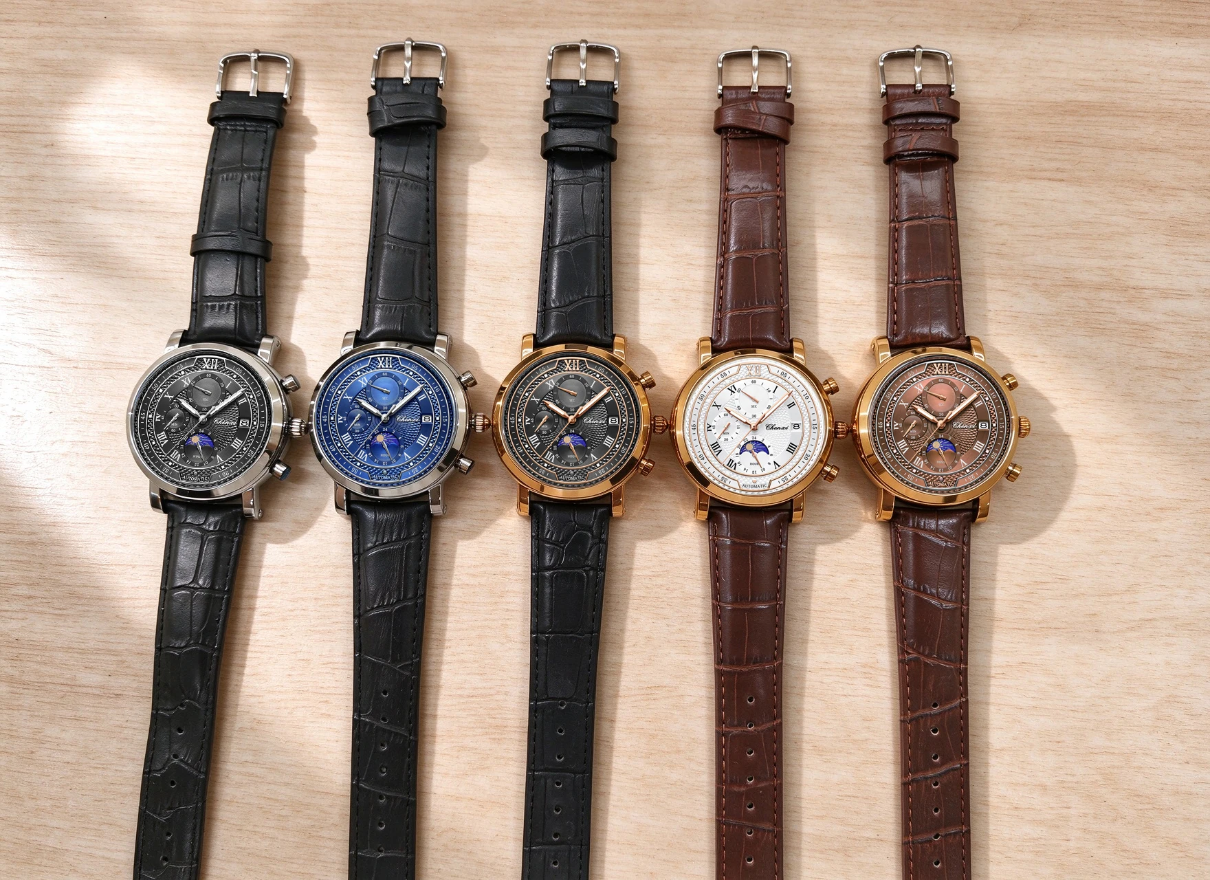 Chenxi 976 Leder Chronograph Datum Herrenuhr Mondphasenanzeige Business Leuchtende Quarzuhr Relojes Para Hombres – Detail 10