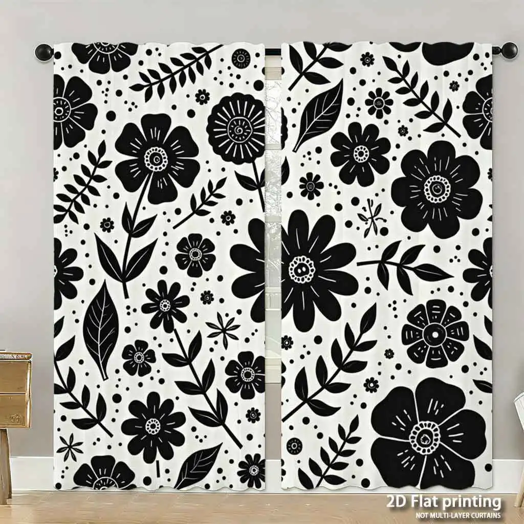 Black Floral Pattern Curtains Living Room Curtains Modern Botanical Prints Aesthetic Window Drapery Chic Home Decor Panel