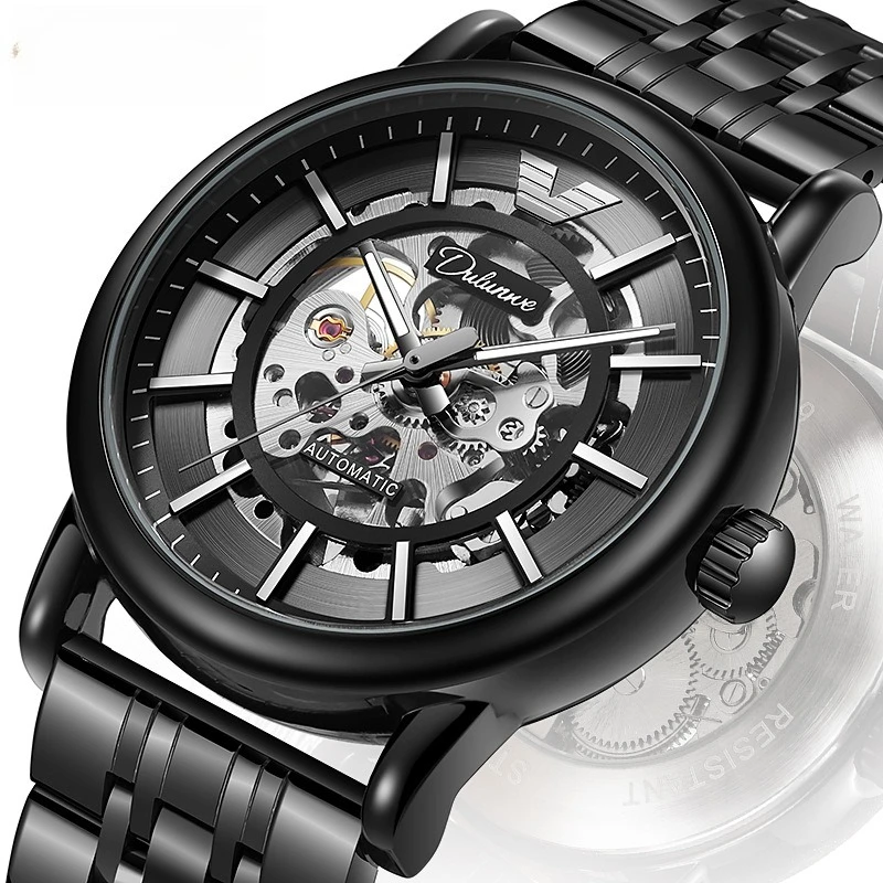 Stainless Steel Mechanical Series Full Skeleton Big Flywheel Luminous Waterproof Self-Wind Automatic Watch for Men