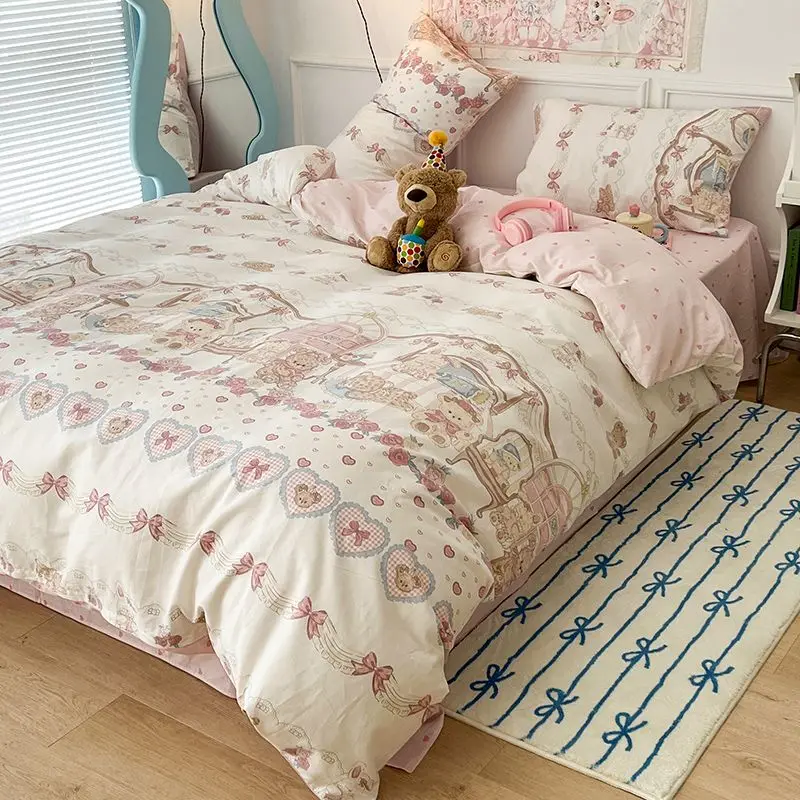 Conjunto de capa de edredom de urso fofo com zíper rosa coração lençol fronhas sem enchimento gêmeo queen size meninas meninos presente conjunto de cama