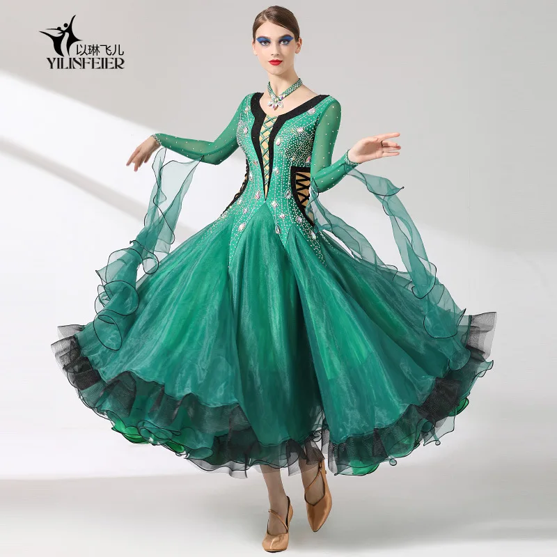 

High Quality Women Adult Long Dance Wear European Court Ink Technology Costumes custom Ballroom Dancing Dress