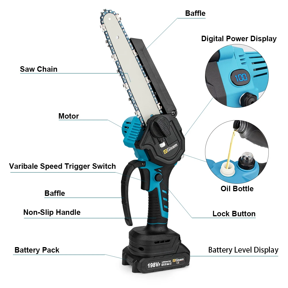 New Electric Saw 8 Inch With Digital Display Wiredless Rechargeable Prunning Chainsaw Brushless Power Tool For Makita 18VBattery