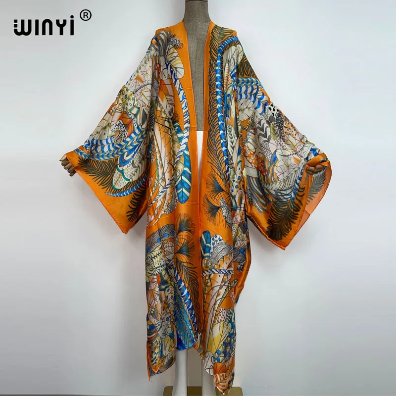 NEW 2022 WINYI Summer Beach Wear Cover Up Lady Boho Cardigan White printing elegant Silky and skin-friendly sexy Holiday Kimono