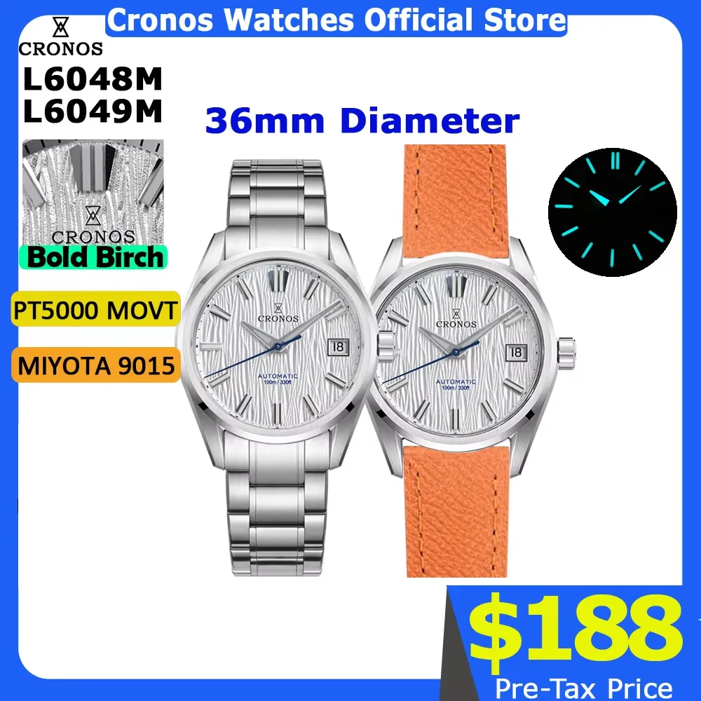 

Cronos Men Watch 36mm Automatic PT5000 Miyota 9015 Movement Wristwatches White Dial Birch Pattern Sapphire 10 ATM L6048M